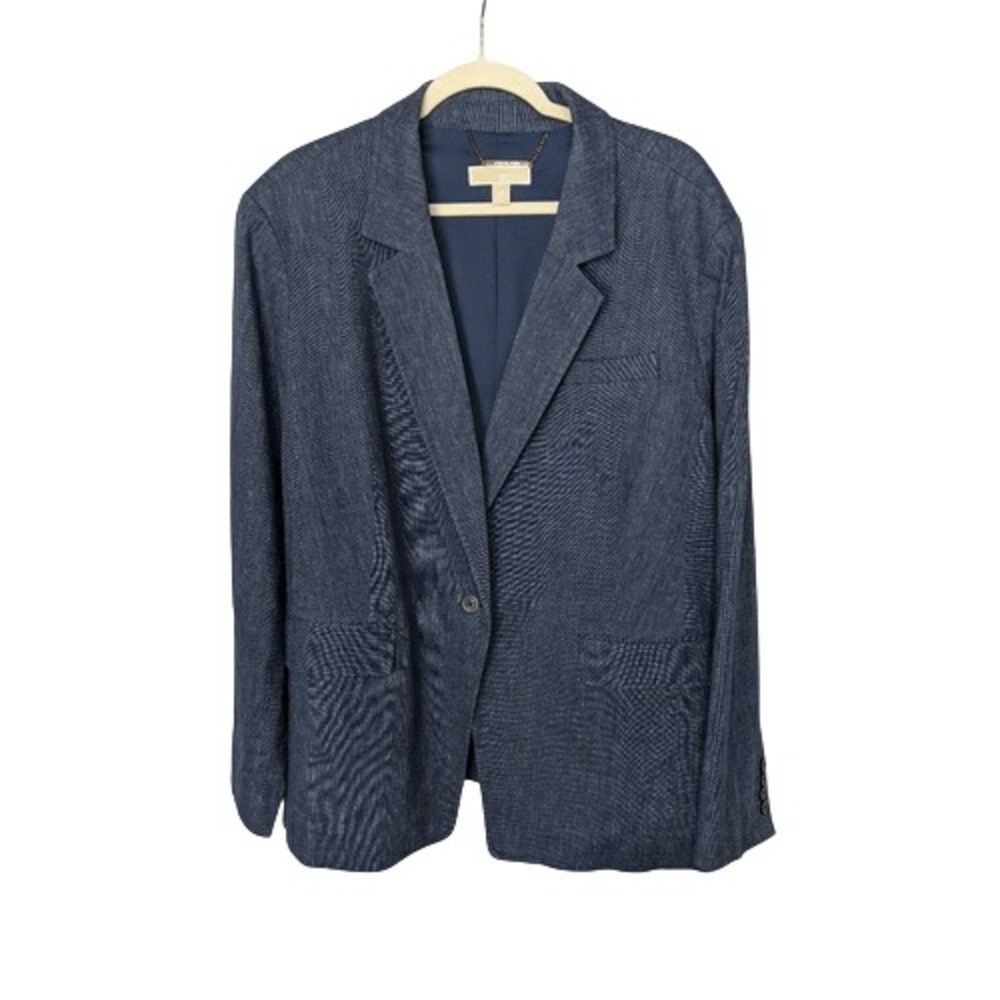 Michael Kors Womens 24W Navy Blue Linen Cotton Blend Single Button Blazer Jacket